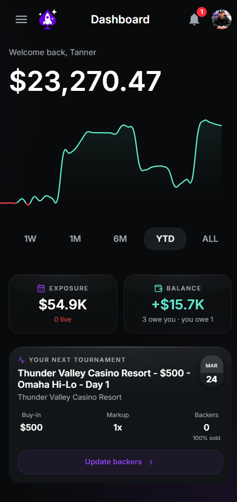 Traction app dashboard showing balances, portfolio, and upcoming tournaments